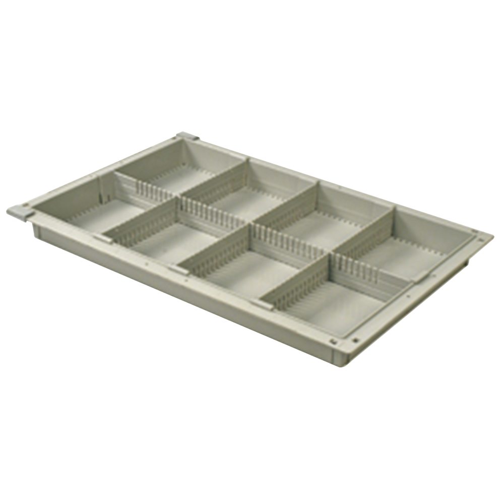 2-inch beige tray with one long and three short dividers forming eight compartments for MedStor Max cabinet storage