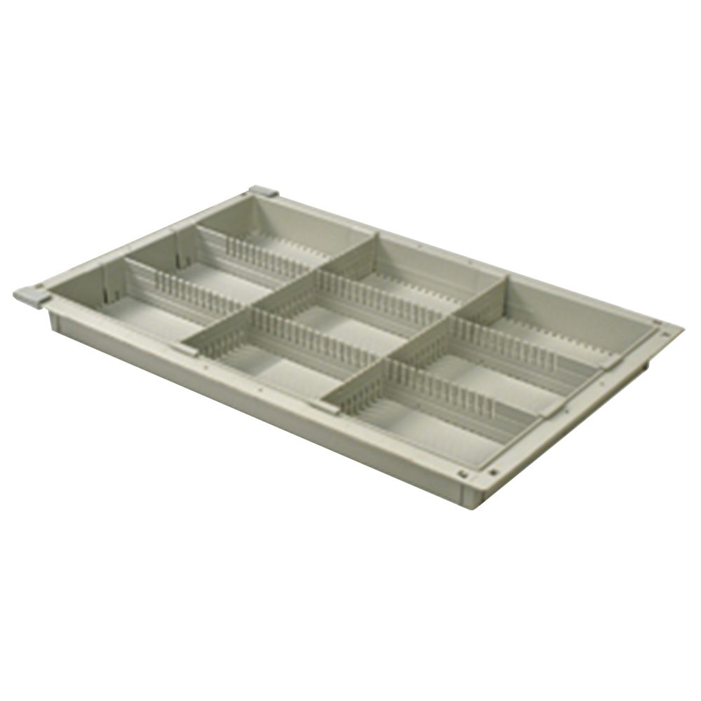 2-inch beige MedStor Max tray with two long and two short dividers forming nine compartments for efficient medical supply organization