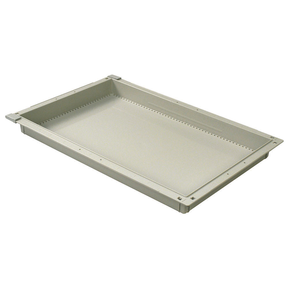 2-inch beige medical storage tray with gray pull-out stoppers for MedStor Max cabinets