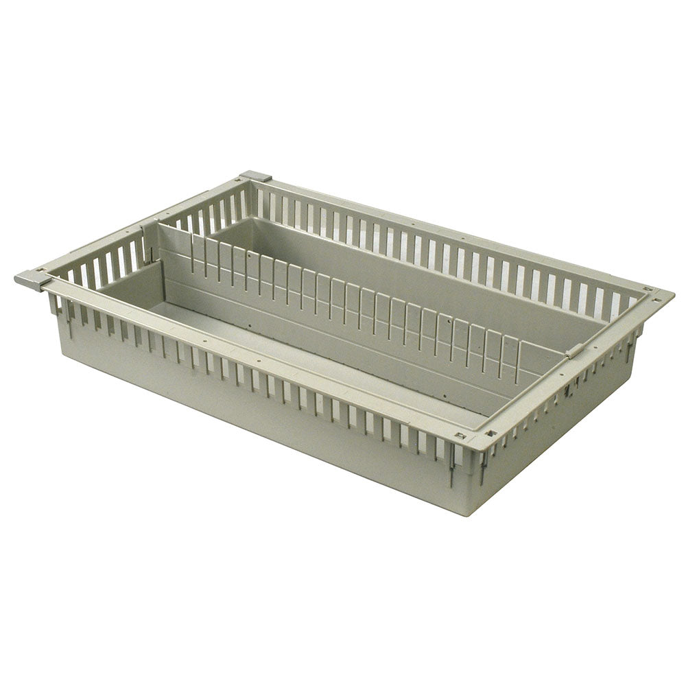 4-inch beige MedStor Max tray with one long divider and gray pull-out stoppers for organized medical cabinet storage