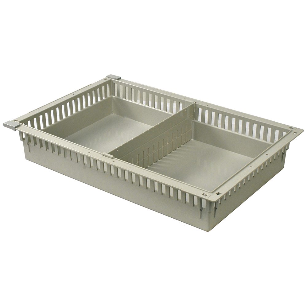 4-inch beige MedStor Max tray with one short divider and pull-out stoppers for efficient medical cabinet storage
