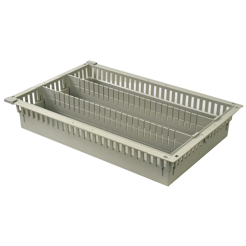 4-inch beige MedStor Max cabinet tray with two long dividers and pull-out stoppers for organized medical supply storage