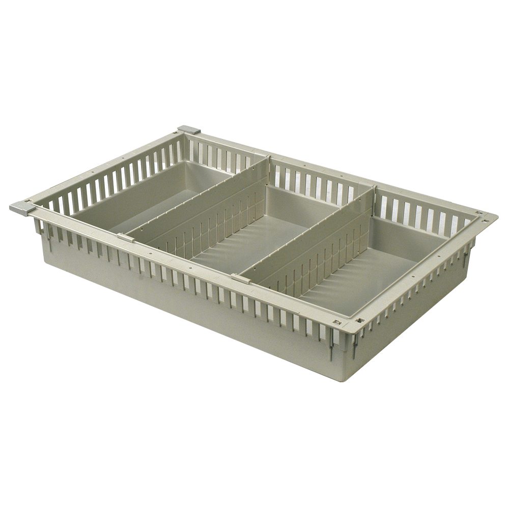4-inch beige MedStor Max cabinet tray with two short dividers and pull-out stoppers for medical supply organization