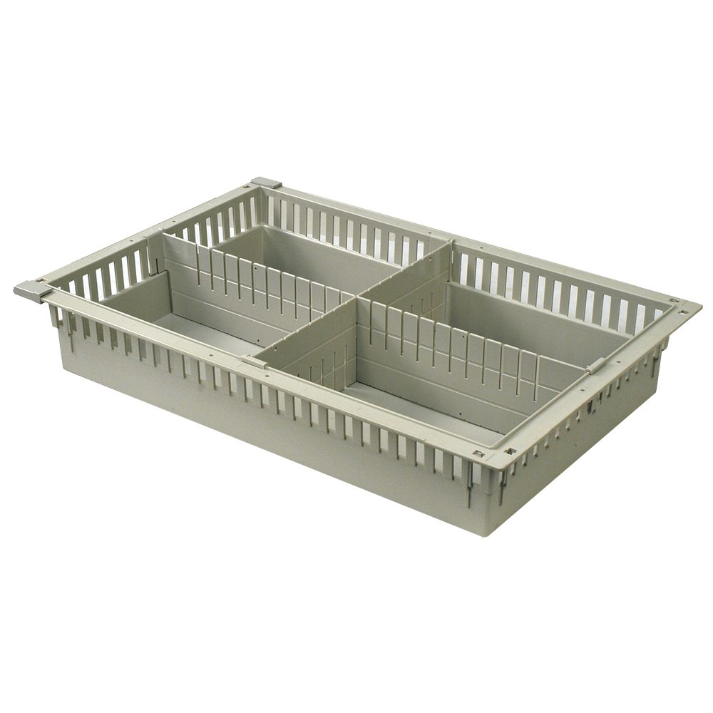 4-inch beige MedStor Max tray with one long and one short divider forming four compartments and equipped with pull-out stoppers