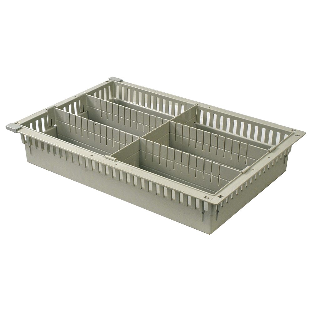 4-inch beige MedStor Max tray with two long and one short divider creating six compartments and featuring gray pull-out stoppers