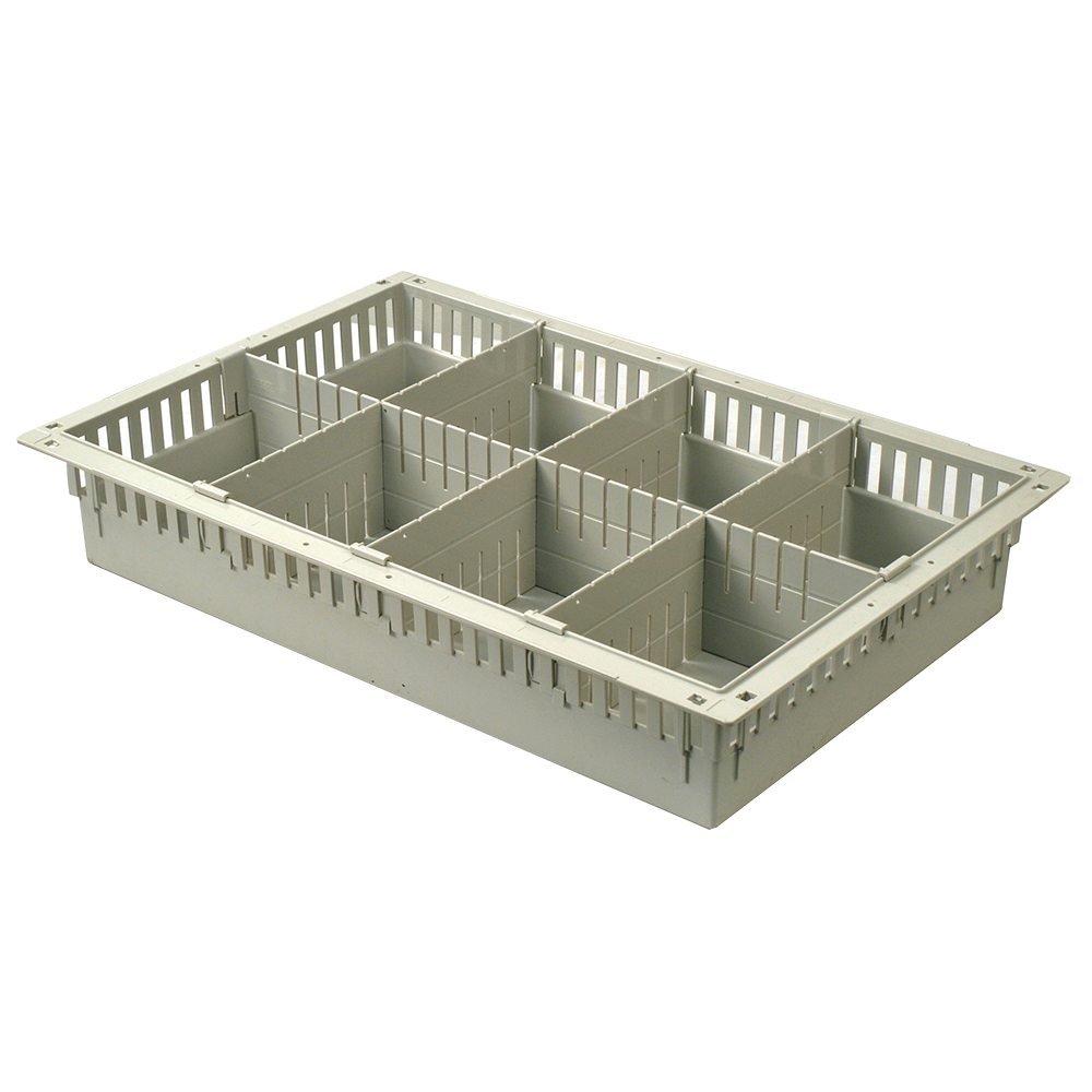 4-inch beige MedStor Max tray with one long and three short dividers creating eight compartments and featuring gray pull-out stoppers