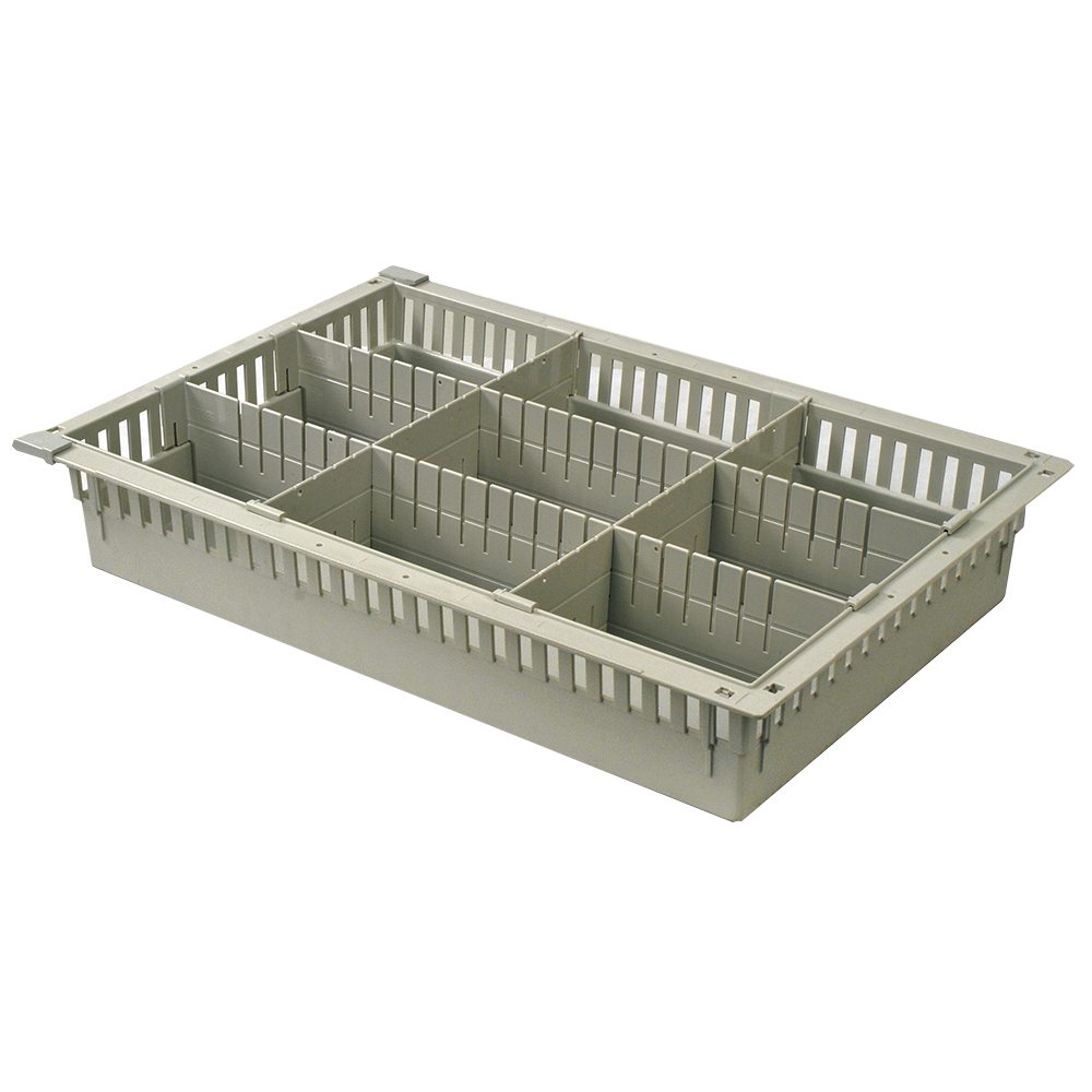 4-inch beige MedStor Max tray with two long and two short dividers forming nine compartments and featuring gray pull-out stoppers
