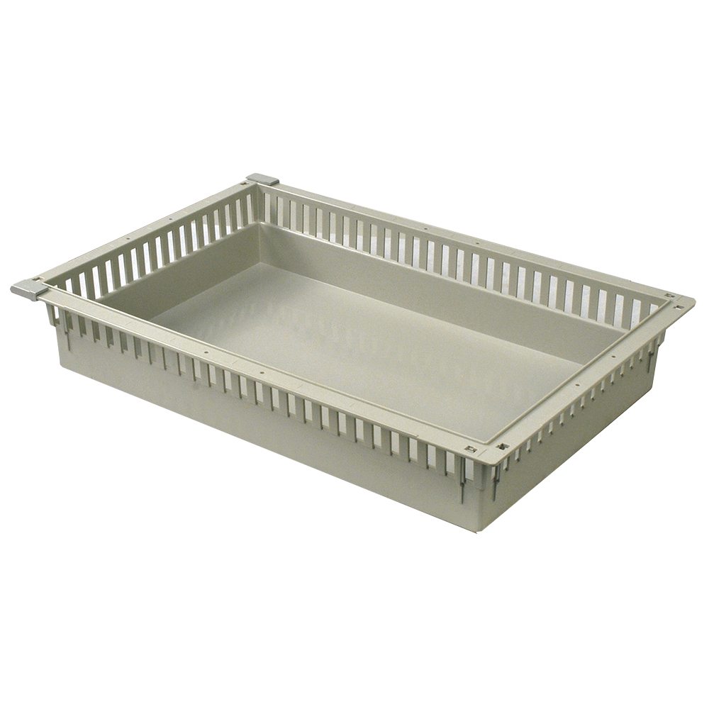 4-inch beige MedStor Max tray with perforated sides and pull-out stoppers for organized medical cabinet storage