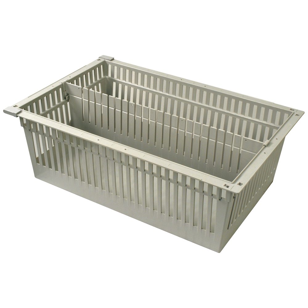8-inch beige MedStor Max cabinet tray with single long divider and gray pull-out stoppers