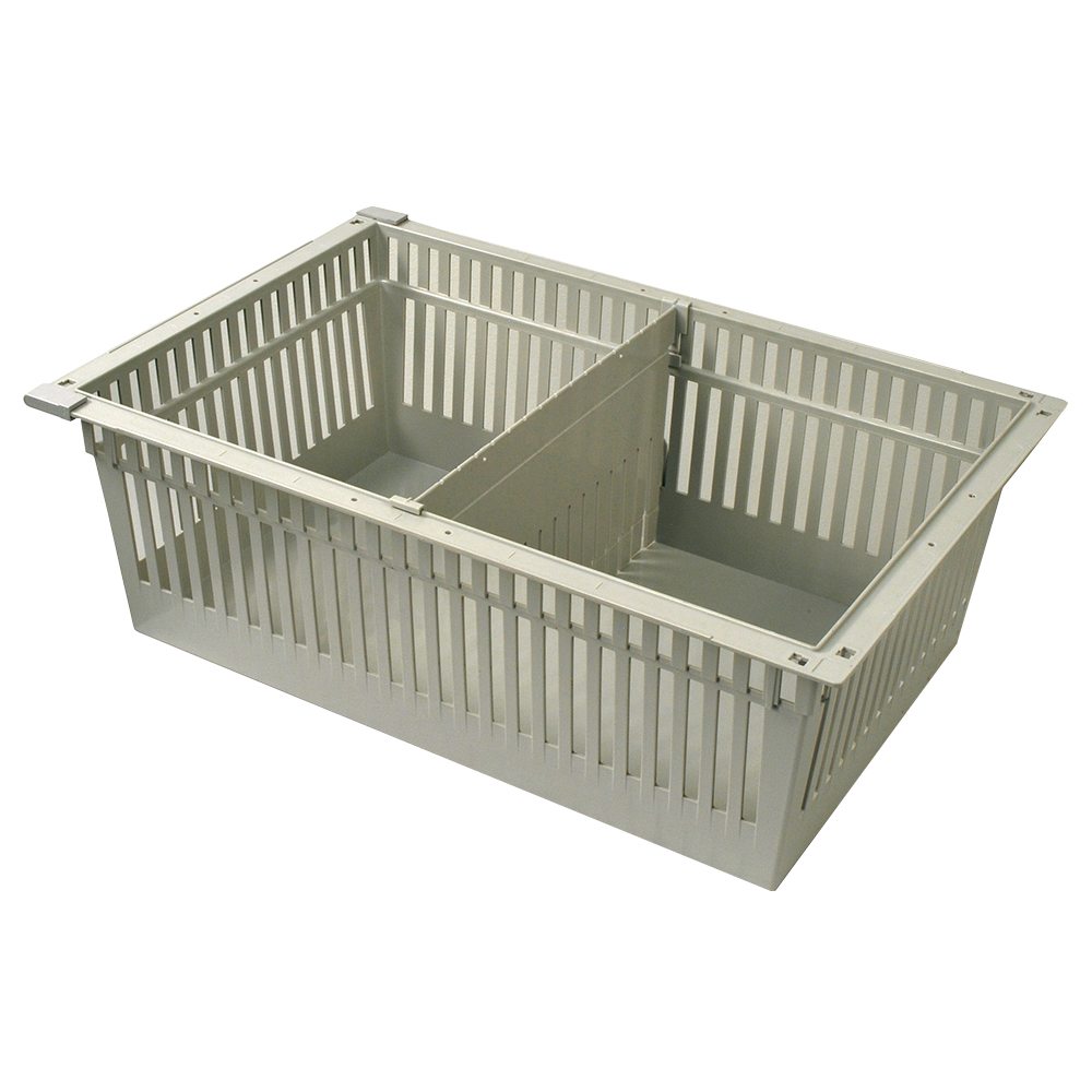 8-inch beige MedStor Max tray with short horizontal divider and gray pull-out stoppers
