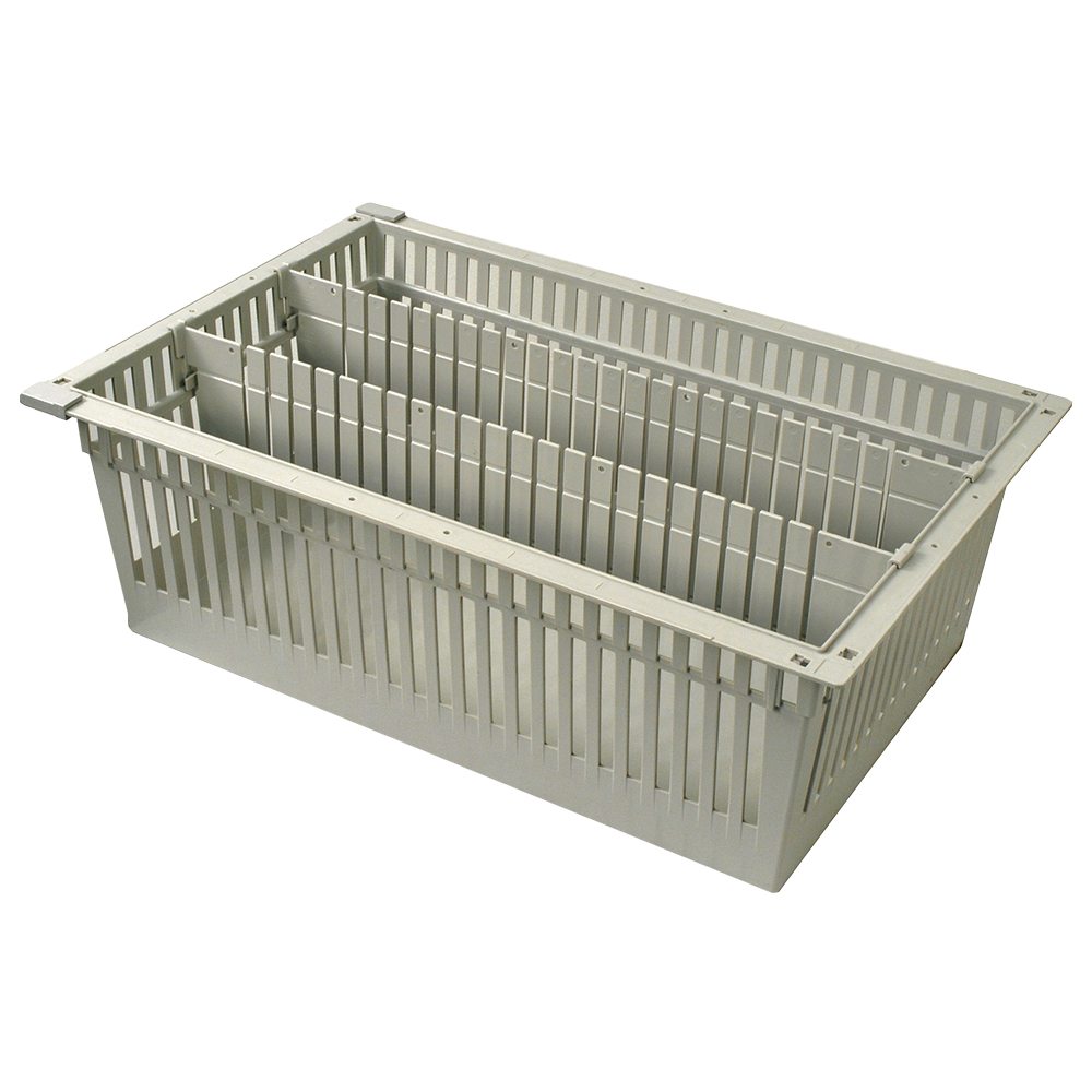 8-inch beige MedStor Max tray with two long dividers and gray pull-out stoppers