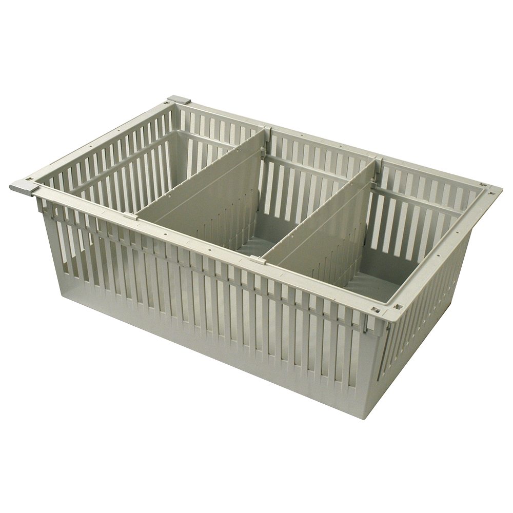 8-inch beige MedStor Max tray with two short dividers and gray pull-out stoppers