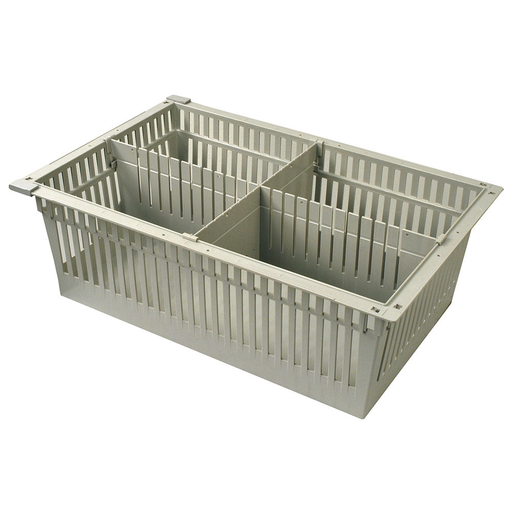 8-inch beige MedStor Max tray with one short and one long divider and gray pull-out stoppers