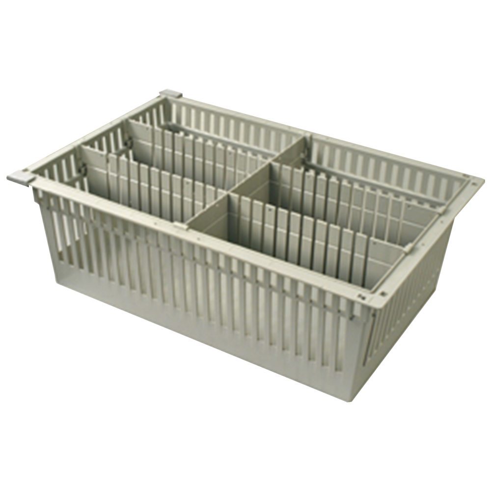 8-inch beige MedStor Max tray with one short and two long dividers forming six storage sections