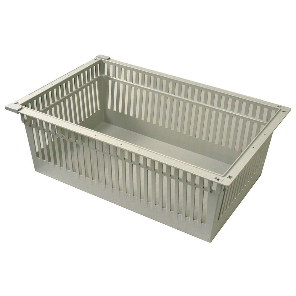 8-inch beige MedStor Max tray with perforated sides and gray pull-out stoppers for deep medical storage