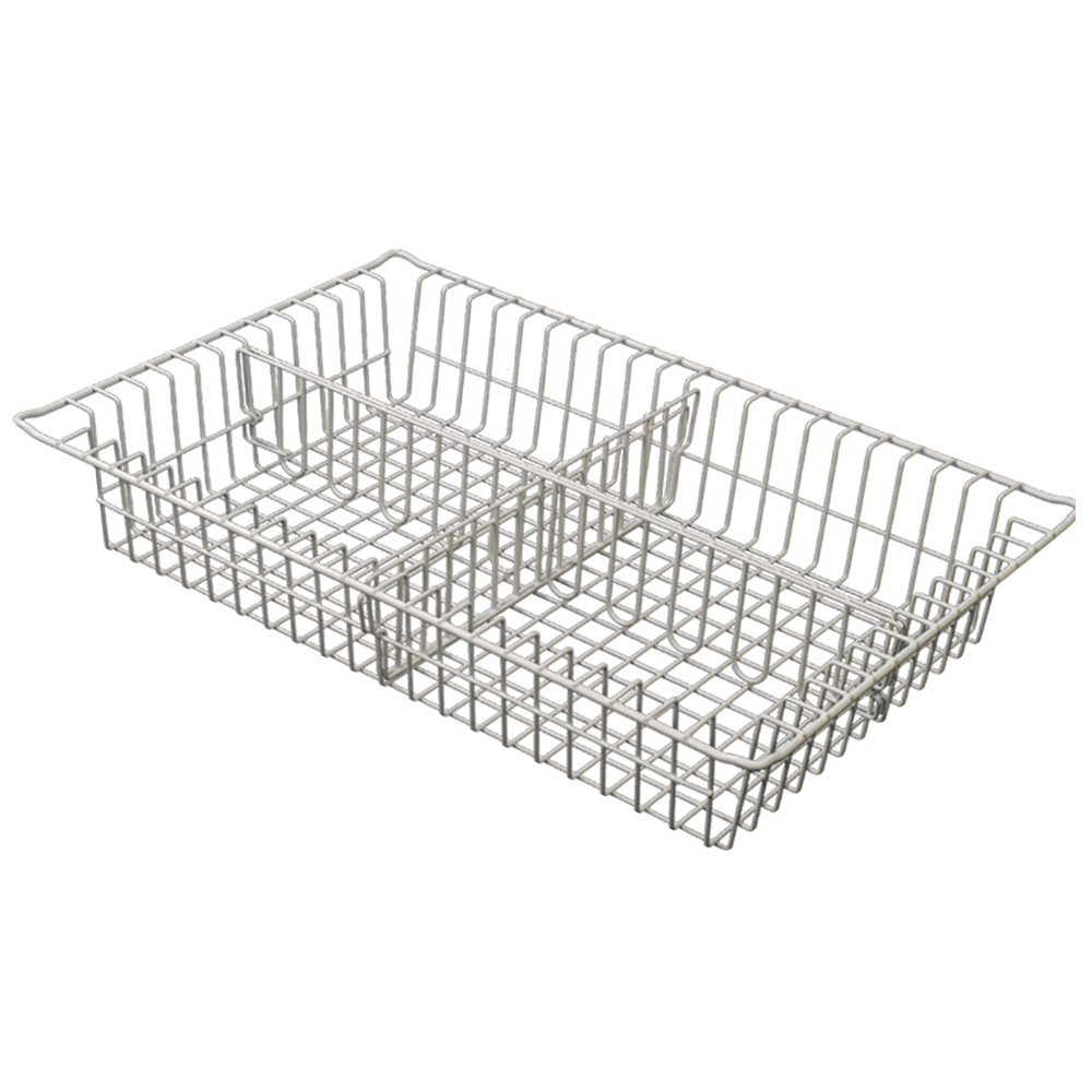 3-inch white MedStor Max wire basket with intersecting short and long dividers forming four compartments