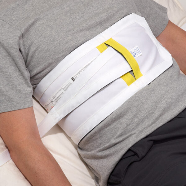 Belpro abdominal belt holder for bed or wheelchair with adjustable front thread slot