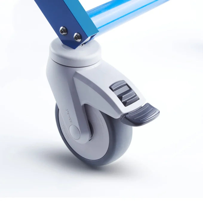 Airchair II front castor showing rotating and locking mechanism