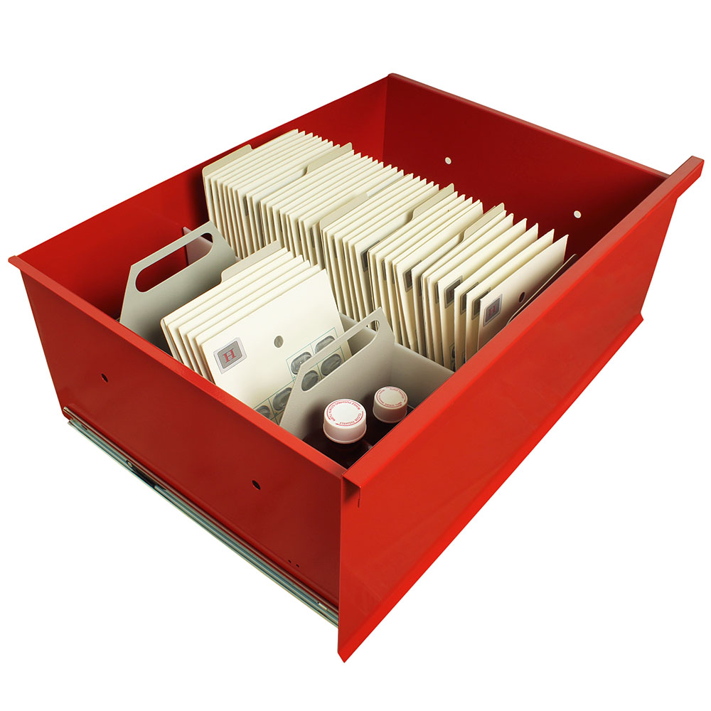 Dual compartment punch card drawer organizer inserted in medication cart drawer