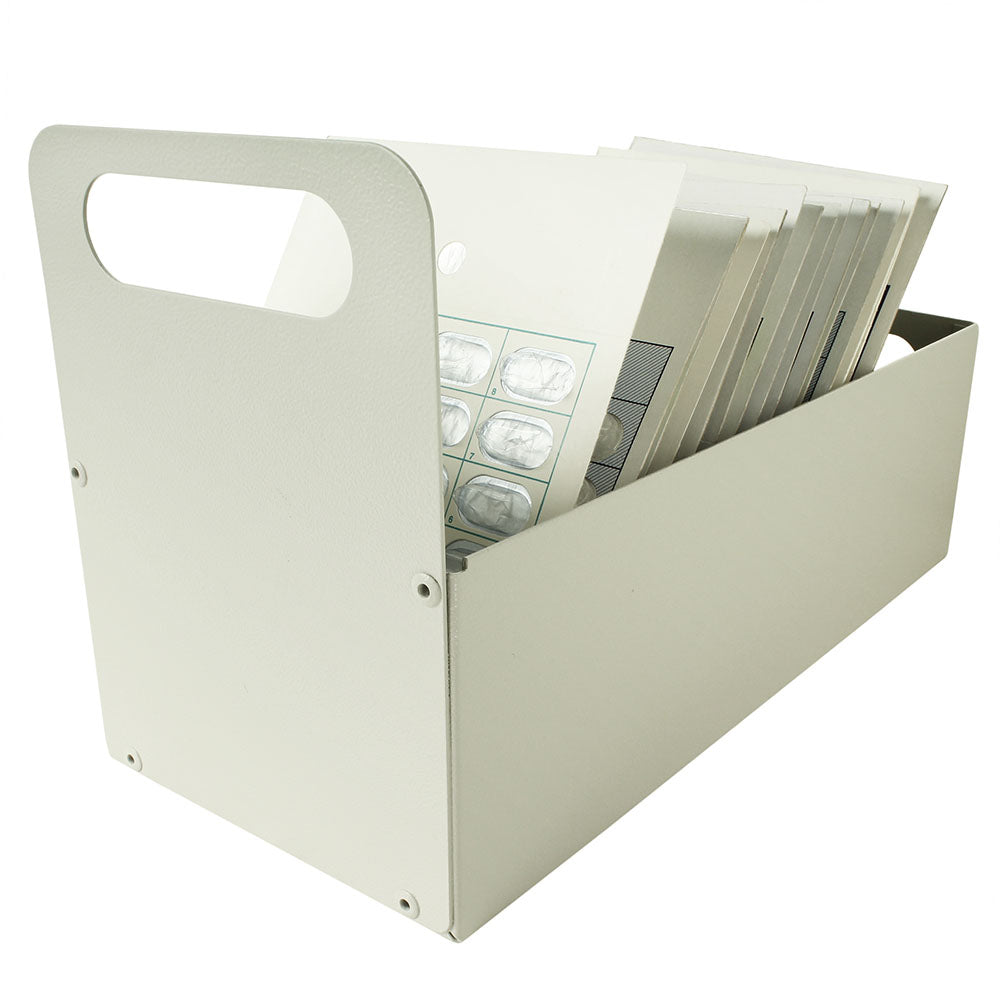 Punch card cart exchange bin, front view