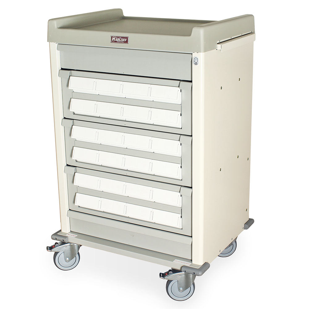 AL24CS-5 Aluminum Cassette Medication Cart, side view showing pull-out shelf and double-tier cassettes