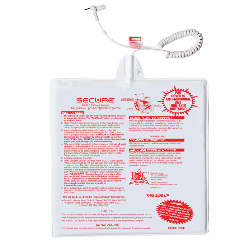 Secure 12x12 chair pad for fall alarm monitoring system