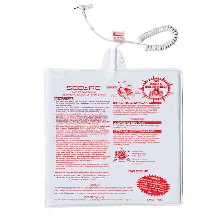 Secure 12x12 chair pad for fall alarm monitoring system