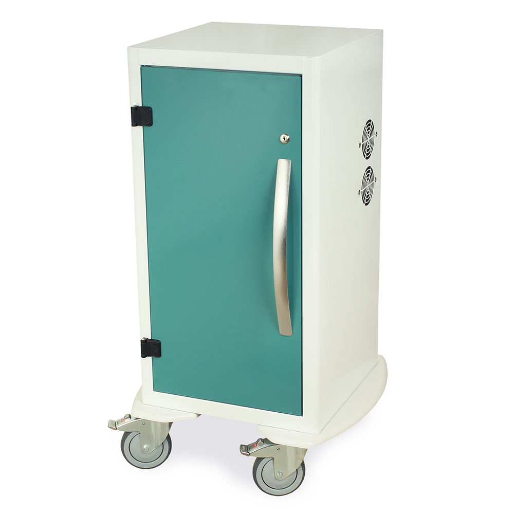 Short Savary dilator storage cart with teal finish and locking options