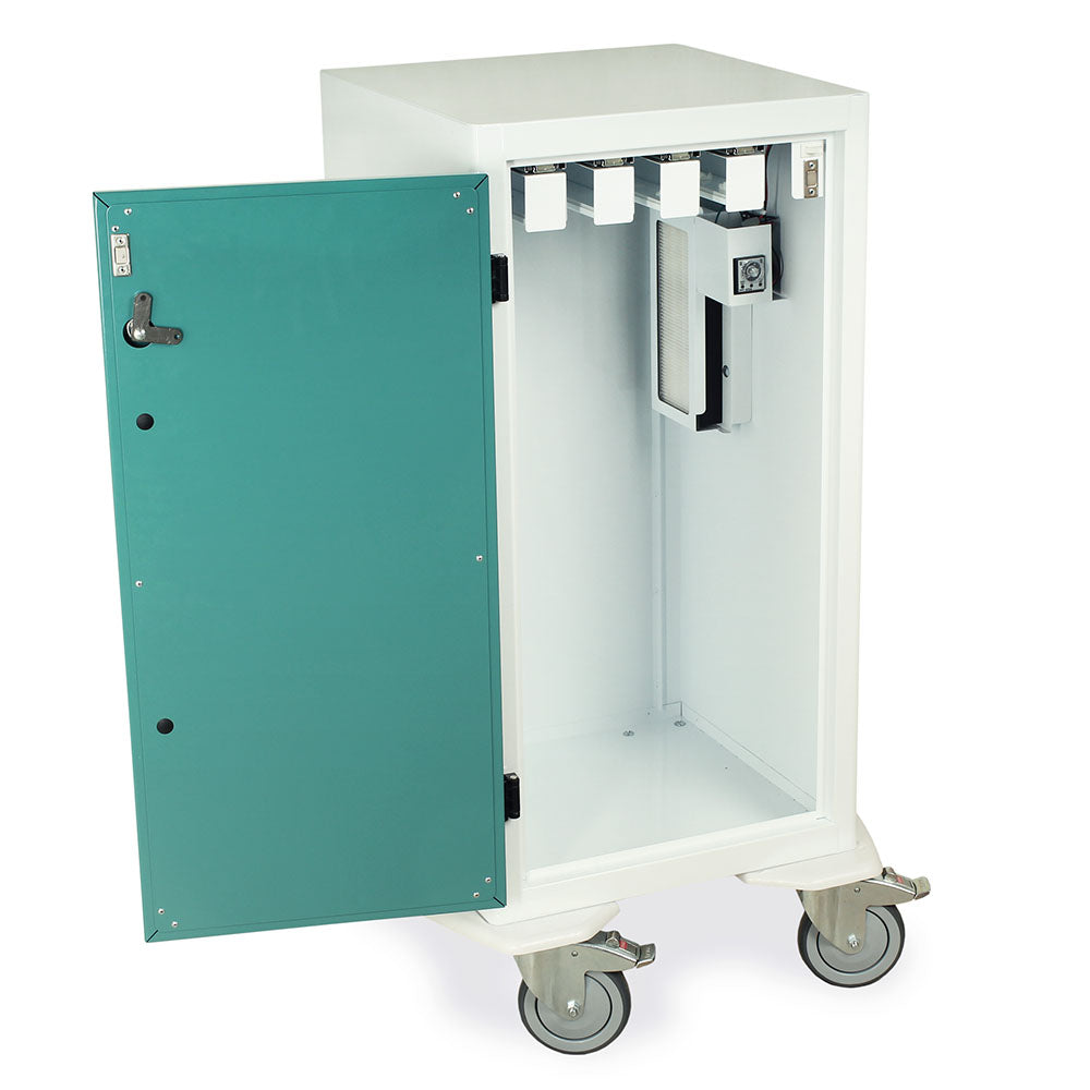 Open Savary drying cart showing pull-out trays with dilators