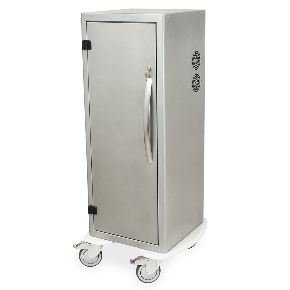 Brushed silver Savary-Gilliard dilator storage cabinet with wheels