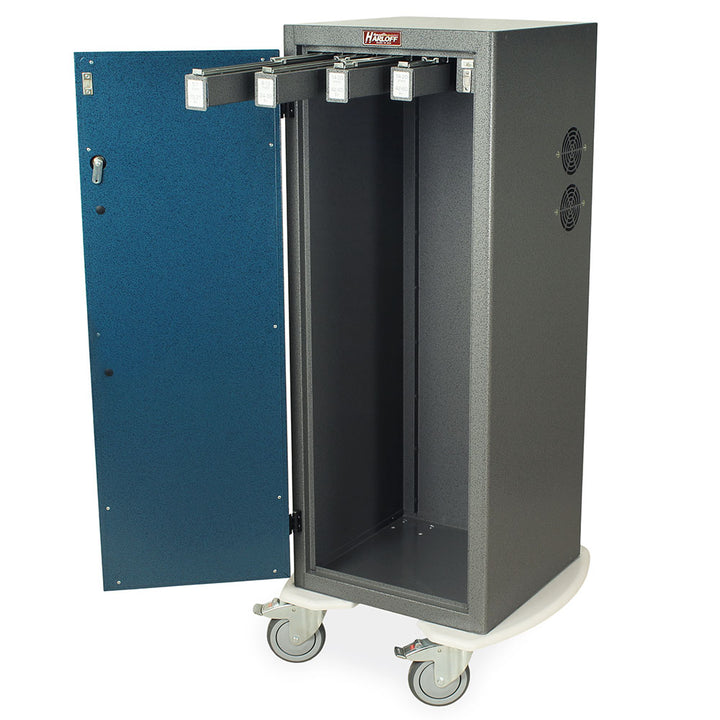 Light blue Savary dilator cart with slide-out vertical holders