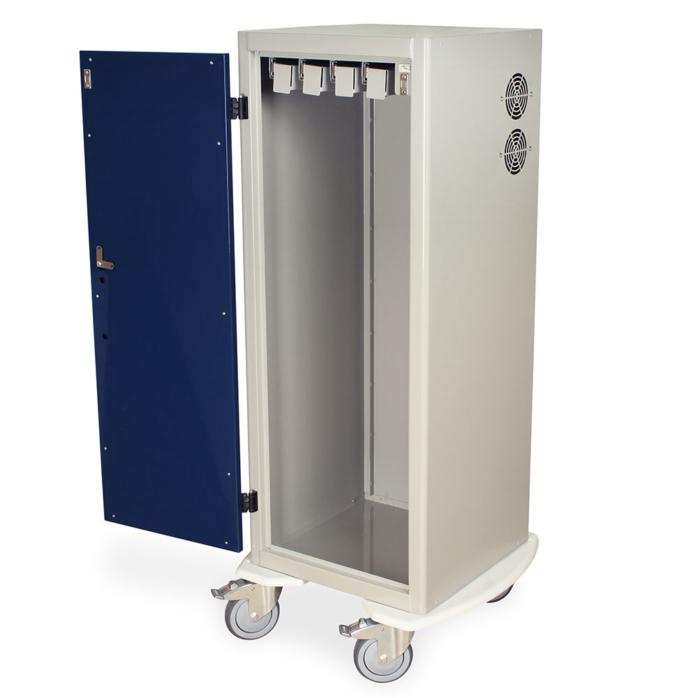 Tall Savary dilator storage cart with navy blue body and casters