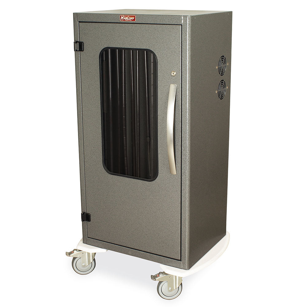 Tall esophageal dilator storage and drying cart with glass windowed door