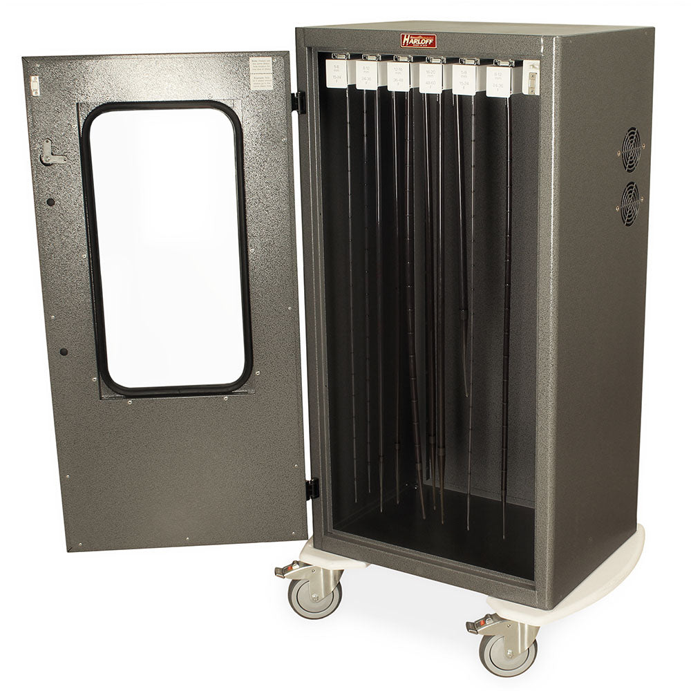 Angled view of esophageal dilator drying cart with window door
