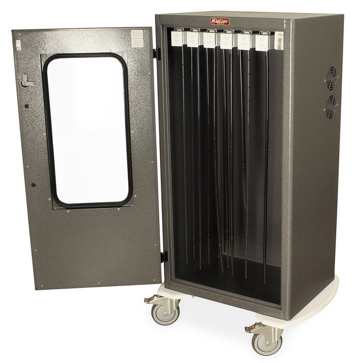 Angled view of esophageal dilator drying cart with window door