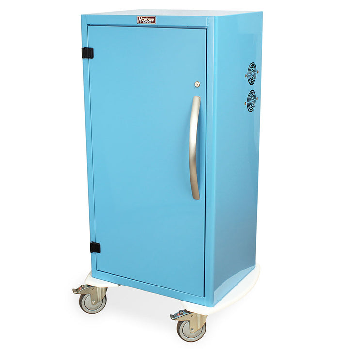 Light blue dilator storage cabinet with HEPA and positive pressure fan