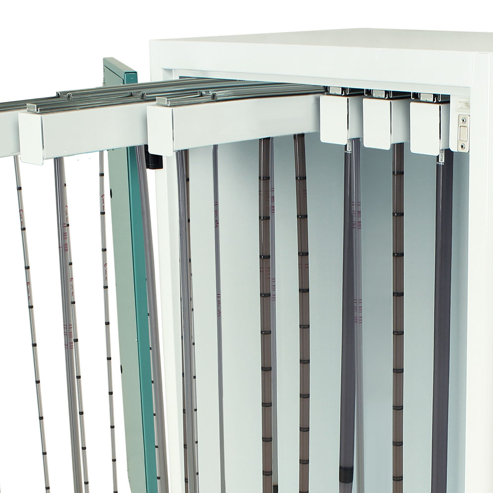 HEPA filtered Savary dilator cabinet with open trays and teal finish
