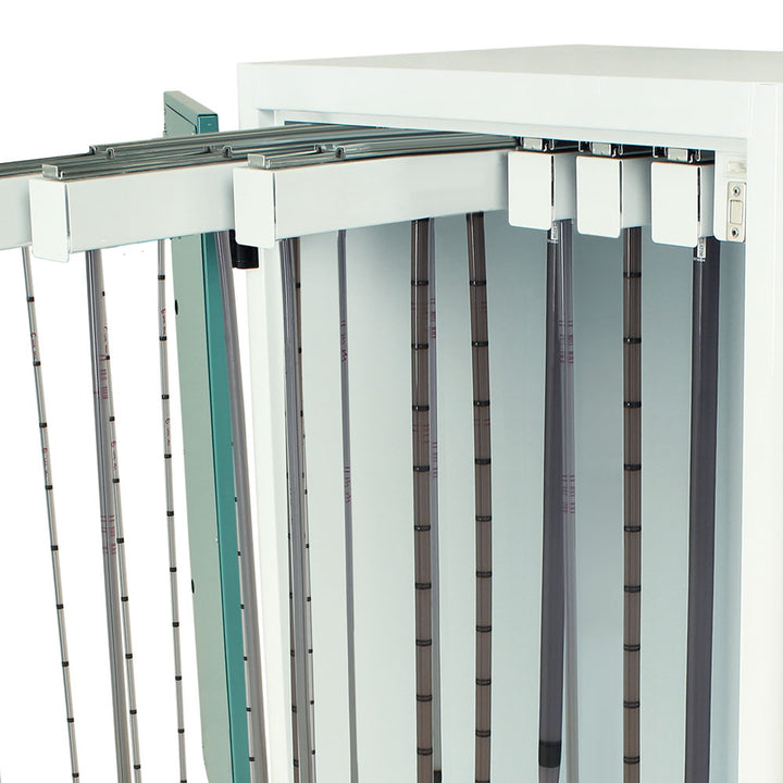 HEPA filtered Savary dilator cabinet with open trays and teal finish