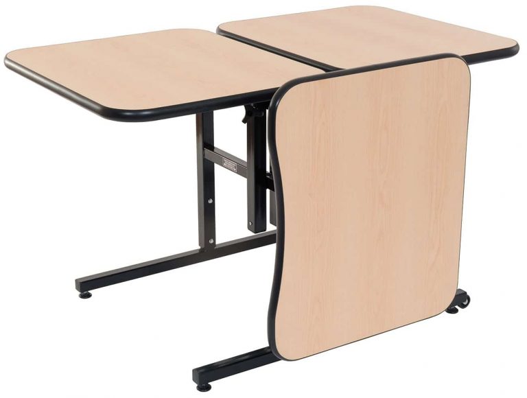 Side view of E26222SS modular table showing sturdy frame, caster wheels, and optional rotating tray  