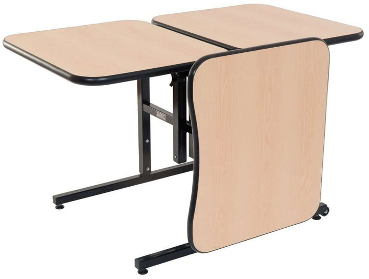 Side view of E26222SS modular table showing sturdy frame, caster wheels, and optional rotating tray  
