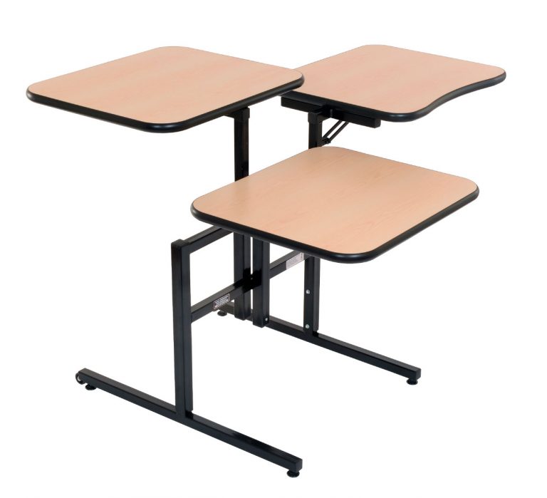 3-panel modular adjustable table E26222SS with independent surface height controls and foldable extensions  