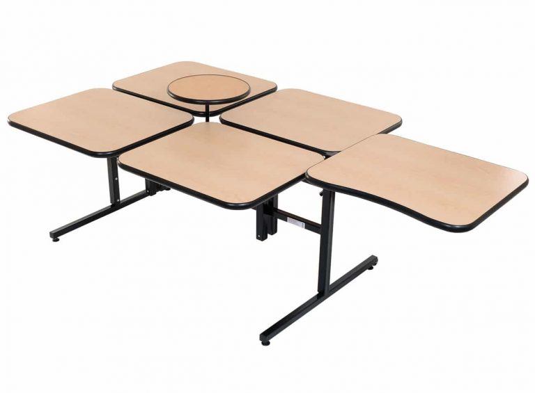E26224SS 4-seat adjustable table with rotating tray and ergonomic extensions for long-term care and rehab centers  