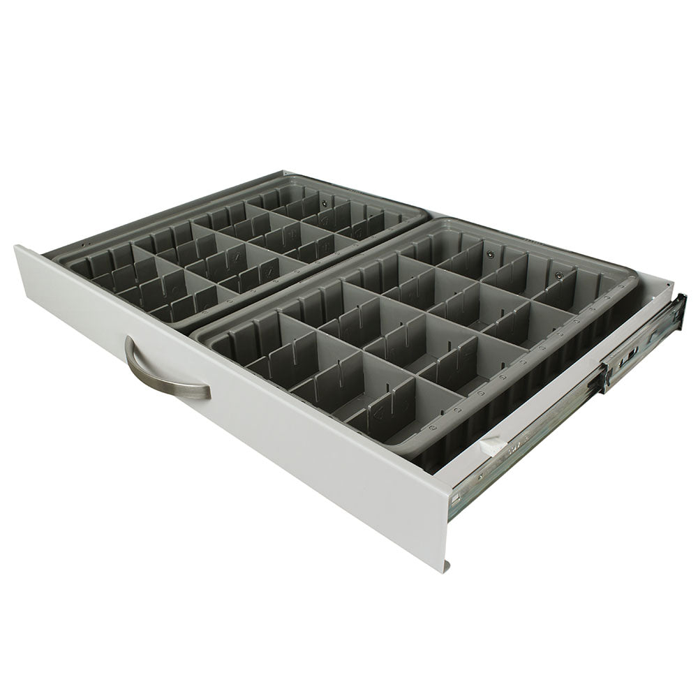 drawer exchange tray with adjustable dividers inside medical cart environment