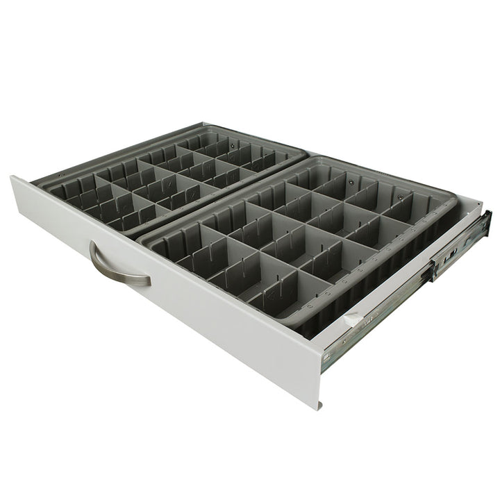 drawer exchange tray with adjustable dividers inside medical cart environment