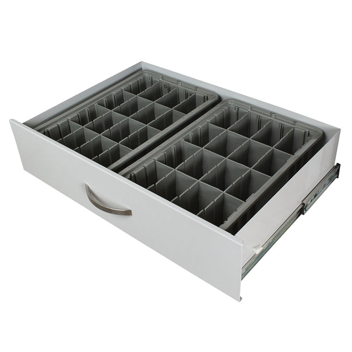 drawer exchange tray with adjustable dividers inside medical cart environment