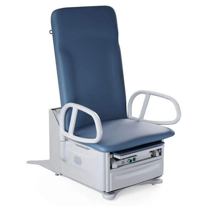 FLEX High-Low PLUS Power Exam Table with seamless upholstery, front drawer, and ergonomic stirrups