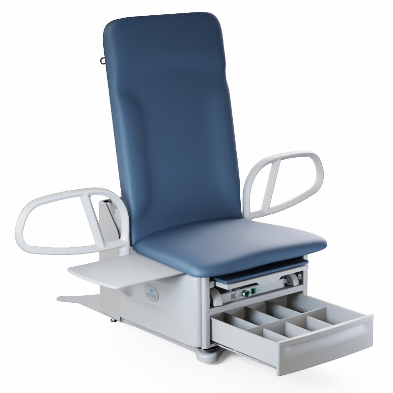 Side view of FLEX High-Low PLUS Power Exam Table showing extended SafeGlide™ leg support