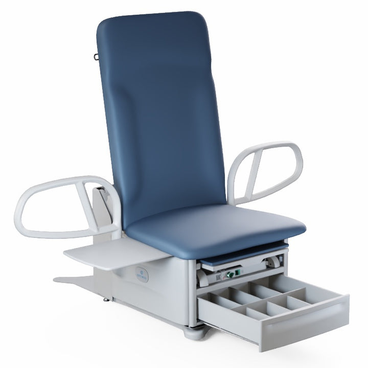 Side view of FLEX High-Low PLUS Power Exam Table showing extended SafeGlide™ leg support