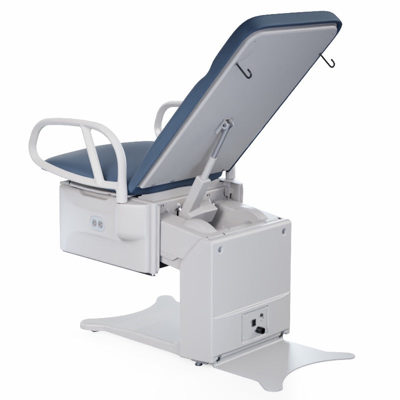 FLEX Exam Table fully extended with stirrups and debris tray for women’s health exams