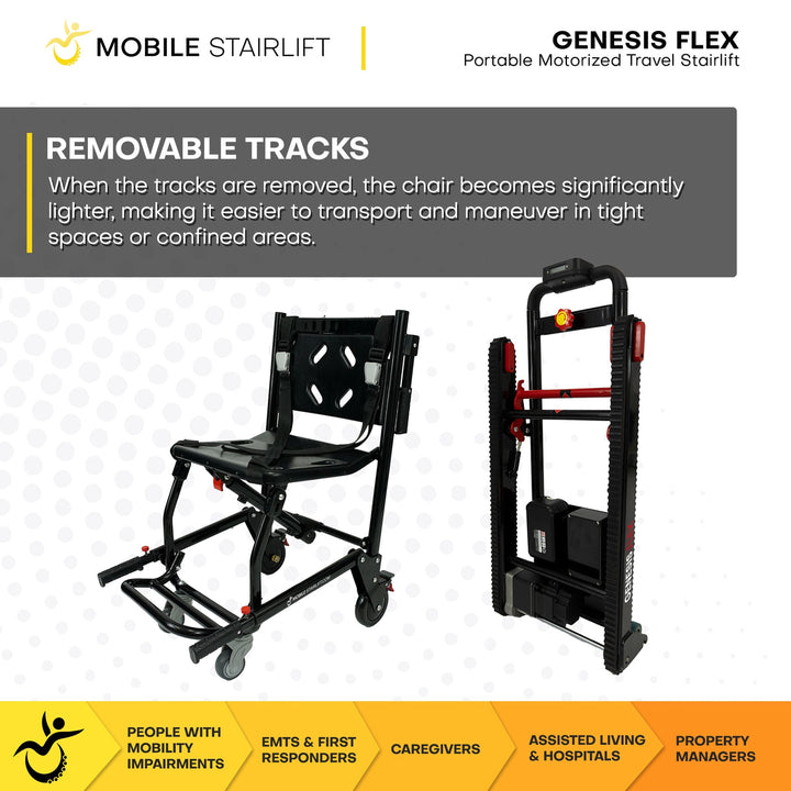 Genesis Flex mobile stairlift showing 2-in-1 stairlift and transport chair design